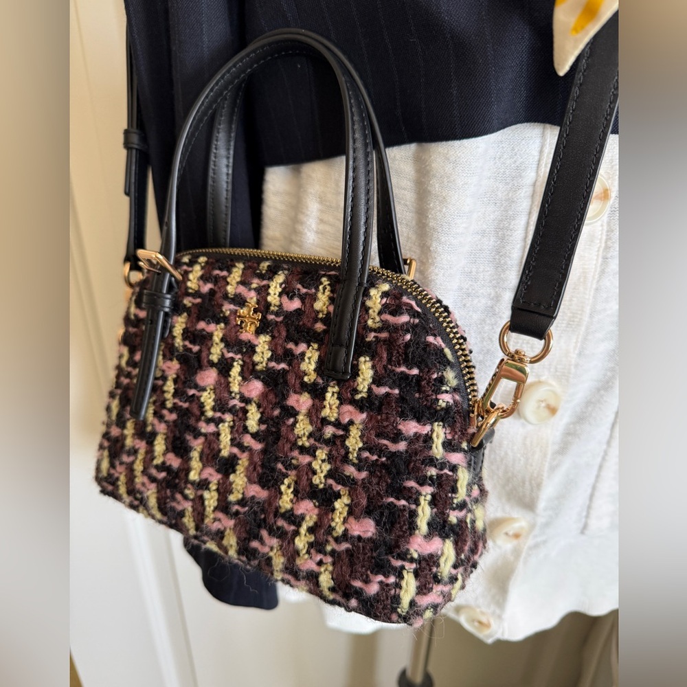 Tory Burch Emerson Tweed Mini Satchel Crossbody Bag Pink Black Gold Logo